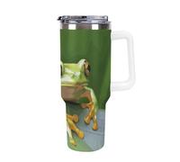DWTJKMS Bicchiere da auto a forma di rana con rana, in acciaio inox, a prova di perdite, grande capacità, con manico, a doppia parete, sottovuoto, riutilizzabile, mantiene freddo o caldo, stile bianco