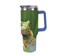 DWTJKMS Bicchiere da auto a forma di rana con rana, in acciaio inox, a prova di perdite, grande capacità, con manico, a doppia parete, sottovuoto, riutilizzabile, mantiene freddo o caldo, in stile blu