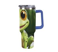DWTJKMS Bicchiere da auto a forma di rana, in acciaio inox, a prova di perdite, di grande capacità, con manico, cannuccia a doppia parete, riutilizzabile, mantiene freddo o caldo, in stile blu scuro