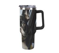 DWTJKMS Bicchiere da auto Boston Terrier con cucciolo di cane Boston Terrier, 1,18 l, a prova di perdite, grande capacità, con manico, cannuccia a doppia parete, isolamento sottovuoto, riutilizzabile