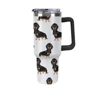 DWTJKMS Bicchiere da auto con cane bassotto Weiner, in acciaio inox, a prova di perdite, grande capacità, con manico, cannuccia a doppia parete, riutilizzabile, mantiene freddo o caldo, stile nero