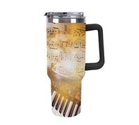 DWTJKMS Bicchiere da auto con note musicali per pianoforte, violino, in acciaio inox, 1,18 l, a prova di perdite, grande capacità, con manico, cannuccia a doppia parete, isolamento sottovuoto