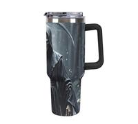 DWTJKMS Bicchiere da auto in acciaio inossidabile con manico e cannuccia, a doppia parete, riutilizzabile, mantiene freddo o caldo, stile nero