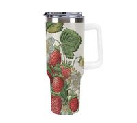 DWTJKMS Bicchiere da auto in acciaio inossidabile con ricamo a fragola, 1,18 l, a prova di perdite, grande capacità, con manico, cannuccia a doppia parete, riutilizzabile, mantiene freddo o caldo in