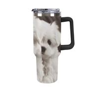 DWTJKMS Bicchiere da auto in acciaio inox a forma di cucciolo di maltese, 1,18 l, a prova di perdite, grande capacità, con manico, cannuccia a doppia parete, riutilizzabile, mantiene freddo o caldo