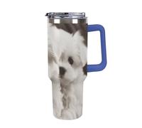 DWTJKMS Bicchiere da auto in acciaio inox a forma di cucciolo di maltese da 1,18 l, a prova di perdite, grande capacità, con manico, cannuccia a doppia parete, riutilizzabile, mantiene freddo o caldo