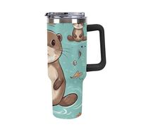 DWTJKMS Bicchiere da auto in acciaio inox a prova di perdite, con manico e cannuccia, a doppia parete, riutilizzabile, mantiene freddo o caldo, stile nero