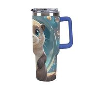 DWTJKMS Bicchiere da auto in acciaio inox a prova di perdite, con manico e cannuccia, a doppia parete, riutilizzabile, mantiene freddo o caldo, in stile blu scuro