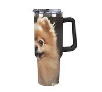 DWTJKMS Bicchiere da auto in acciaio inox con cane Pomerania, a prova di perdite, grande capacità, con manico, cannuccia a doppia parete, isolamento sottovuoto, riutilizzabile, mantiene freddo o caldo
