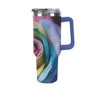 DWTJKMS Bicchiere da auto in acciaio inox con fiore di rosa arcobaleno, 1,18 l, a prova di perdite, grande capacità, con manico, cannuccia a doppia parete, sottovuoto, riutilizzabile, mantiene freddo