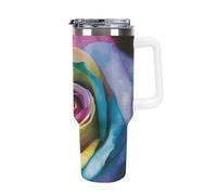 DWTJKMS Bicchiere da auto in acciaio inox con fiore di rosa arcobaleno, 1,18 l, a prova di perdite, grande capacità, con manico, cannuccia a doppia parete, sottovuoto, riutilizzabile, mantiene freddo