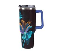 DWTJKMS Bicchiere da auto in acciaio inox con fiori al neon, 1,18 l, a prova di perdite, grande capacità, con manico, cannuccia a doppia parete, isolamento sottovuoto, riutilizzabile, mantiene freddo