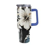 DWTJKMS Bicchiere da auto in acciaio inox con fiori hawaiani bianchi e neri, 1,18 l, a prova di perdite, grande capacità, con manico, cannuccia a doppia parete, riutilizzabile, mantiene freddo o caldo