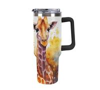 DWTJKMS Bicchiere da auto in acciaio inox con giraffe ad acquerello, a prova di perdite, grande capacità, con manico, a doppia parete, sottovuoto, riutilizzabile, mantiene freddo o caldo, stile nero