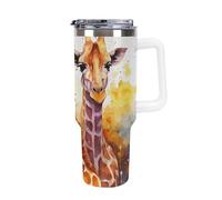 DWTJKMS Bicchiere da auto in acciaio inox con giraffe ad acquerello, a prova di perdite, grande capacità, con manico, cannuccia a doppia parete, riutilizzabile, mantiene freddo o caldo in stile bianco