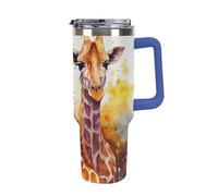 DWTJKMS Bicchiere da auto in acciaio inox con giraffe ad acquerello, a prova di perdite, grande capacità, con manico, cannuccia a doppia parete, isolamento sottovuoto, riutilizzabile, mantiene freddo
