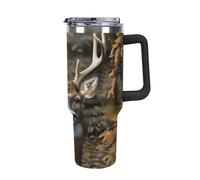 DWTJKMS Bicchiere da auto in acciaio inox con motivo cervo mimetico, 1,18 l, a prova di perdite, grande capacità, con manico, cannuccia a doppia parete, riutilizzabile, mantiene freddo o caldo, stile