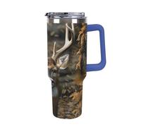DWTJKMS Bicchiere da auto in acciaio inox con motivo cervo mimetico, capacità 1,18 l, a prova di perdite, grande capacità, con manico, cannuccia a doppia parete, riutilizzabile, mantiene freddo o