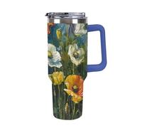 DWTJKMS Bicchiere da auto in acciaio inox con motivo piante verde scuro, 1,18 l, a prova di perdite, grande capacità, con manico, cannuccia a doppia parete, isolamento sottovuoto, riutilizzabile