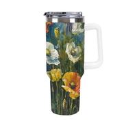DWTJKMS Bicchiere da auto in acciaio inox con motivo piante verde scuro, 1,18 l, a prova di perdite, grande capacità, con manico, cannuccia a doppia parete, sottovuoto, riutilizzabile, mantiene freddo