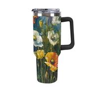 DWTJKMS Bicchiere da auto in acciaio inox con motivo piante verde scuro, 1,18 l, a prova di perdite, grande capacità, con manico, cannuccia a doppia parete, isolamento sottovuoto, riutilizzabile