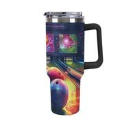 DWTJKMS Bicchiere da bowling in acciaio inox da 1,18 l, a prova di perdite, grande capacità, tazza per auto con manico e cannuccia, a doppia parete, riutilizzabile, mantiene freddo o caldo, stile nero