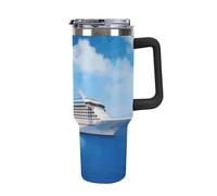 DWTJKMS Bicchiere da crociera in acciaio inossidabile da 1,18 l, a prova di perdite, grande capacità, tazza per auto con manico in paglia, doppia parete, sottovuoto, riutilizzabile, mantiene freddo o