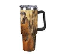 DWTJKMS Bicchiere disegnato a mano in acciaio inox a forma di marmotta da 1,18 l, a prova di perdite, grande capacità, tazza per auto con manico in paglia, a doppia parete, riutilizzabile, mantiene