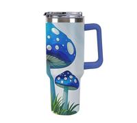 DWTJKMS Bicchiere in acciaio inossidabile a forma di fungo blu cartone animato, 1,18 l, a prova di perdite, grande capacità, con manico, cannuccia a doppia parete, riutilizzabile, mantiene freddo o