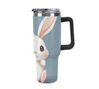 DWTJKMS Bicchiere in acciaio inox a forma di coniglietto carino, 1,18 l, a prova di perdite, grande capacità, con manico, cannuccia a doppia parete, riutilizzabile, mantiene freddo o caldo, stile nero
