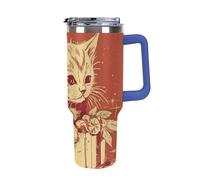 DWTJKMS Bicchiere in acciaio inox a forma di gatto sdraiato sulla scatola, 1,18 l, a prova di perdite, grande capacità, con manico, cannuccia a doppia parete, isolamento sottovuoto, riutilizzabile