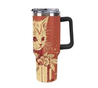 DWTJKMS Bicchiere in acciaio inox a forma di gatto sdraiato sulla scatola, 1,18 l, a prova di perdite, grande capacità, con manico, cannuccia a doppia parete, isolamento sottovuoto, riutilizzabile