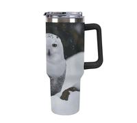 DWTJKMS Bicchiere in acciaio inox a forma di gufo delle nevi da 1,18 l, a prova di perdite, grande capacità, tazza per auto con manico e cannuccia, a doppia parete, riutilizzabile, mantiene freddo o