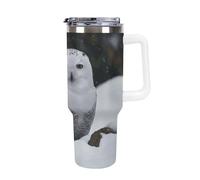 DWTJKMS Bicchiere in acciaio inox a forma di gufo delle nevi da 1,18 l, a prova di perdite, grande capacità, tazza per auto con manico e cannuccia, a doppia parete, riutilizzabile, mantiene freddo o
