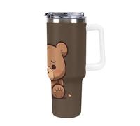 DWTJKMS Bicchiere in acciaio inox a forma di orso carino, marrone, a prova di perdite, grande capacità, con manico, a doppia parete, sottovuoto, riutilizzabile, mantiene freddo o caldo in stile bianco