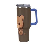 DWTJKMS Bicchiere in acciaio inox a forma di orso carino, marrone, a prova di perdite, grande capacità, con manico, a doppia parete, sottovuoto, riutilizzabile, mantiene freddo o caldo in stile blu