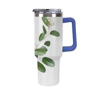 DWTJKMS Bicchiere in acciaio inox bianco naturale con ramoscello verde naturale, 1,18 l, a prova di perdite, grande capacità, tazza per auto con manico e cannuccia, a doppia parete, riutilizzabile