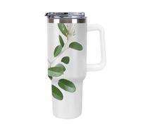 DWTJKMS Bicchiere in acciaio inox bianco naturale con ramoscello verde naturale, 1,18 l, a prova di perdite, grande capacità, tazza per auto con manico e cannuccia, tazza isolante sottovuoto a doppia