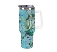 DWTJKMS Bicchiere in acciaio inox blu tartaruga marina, 1,18 l, a prova di perdite, grande capacità, con manico, cannuccia a doppia parete, isolamento sottovuoto, riutilizzabile, mantiene freddo o