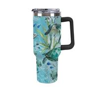 DWTJKMS Bicchiere in acciaio inox blu tartaruga marina, 1,18 l, a prova di perdite, grande capacità, con manico, cannuccia a doppia parete, isolamento sottovuoto, riutilizzabile, mantiene freddo o