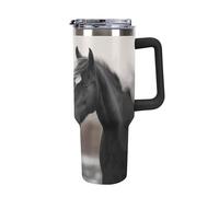 DWTJKMS Bicchiere in acciaio inox con cavalli bianchi e neri, 1,18 l, a prova di perdite, grande capacità, con manico, cannuccia a doppia parete, riutilizzabile, mantiene freddo o caldo, stile nero