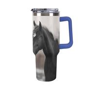 DWTJKMS Bicchiere in acciaio inox con cavalli bianchi e neri, 1,18 l, a prova di perdite, grande capacità, con manico, cannuccia a doppia parete, riutilizzabile, mantiene freddo o caldo in stile blu