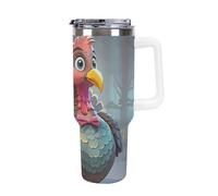 DWTJKMS Bicchiere in acciaio inox con decorazione tacchino da 1,18 l, a prova di perdite, grande capacità, tazza per auto con manico e cannuccia, a doppia parete, riutilizzabile, mantiene freddo o