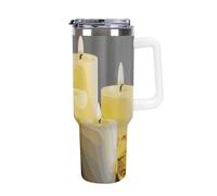 DWTJKMS Bicchiere in acciaio inox con farfalla gialla con candele bianche, 1,18 l, a prova di perdite, grande capacità, con manico, cannuccia a doppia parete, isolamento sottovuoto, riutilizzabile