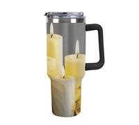 DWTJKMS Bicchiere in acciaio inox con farfalla gialla con candele bianche, 1,18 l, a prova di perdite, grande capacità, con manico, cannuccia a doppia parete, isolamento sottovuoto, riutilizzabile
