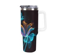 DWTJKMS Bicchiere in acciaio inox con fiori al neon, 1,18 l, a prova di perdite, grande capacità, con manico, cannuccia a doppia parete, sottovuoto, riutilizzabile, mantiene freddo o caldo in stile