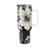 DWTJKMS Bicchiere in acciaio inox con fiori hawaiani bianchi e neri, 1,18 l, a prova di perdite, grande capacità, con manico, cannuccia a doppia parete, riutilizzabile, mantiene freddo o caldo in