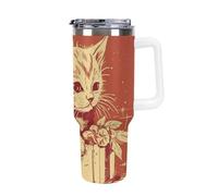 DWTJKMS Bicchiere in acciaio inox con gatto sdraiato sulla scatola, 1,18 l, a prova di perdite, grande capacità, tazza per auto con manico e cannuccia, a doppia parete, riutilizzabile, mantiene freddo