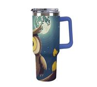 DWTJKMS Bicchiere in acciaio inox con gufo e luna gialla, 1,18 l, a prova di perdite, grande capacità, con manico, cannuccia a doppia parete, sottovuoto, riutilizzabile, mantiene freddo o caldo in