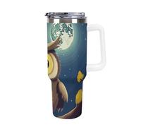 DWTJKMS Bicchiere in acciaio inox con gufo e luna gialla, a prova di perdite, grande capacità, con manico, a doppia parete, sottovuoto, riutilizzabile, mantiene freddo o caldo in stile bianco
